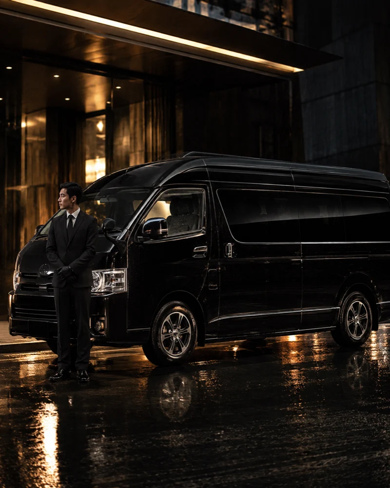 Illustrative black Toyota Hiace exterior
