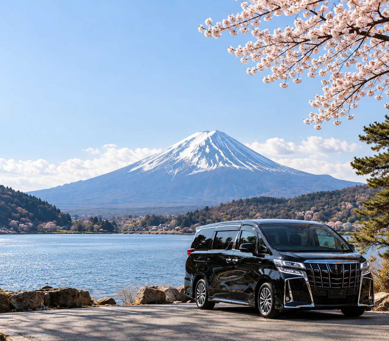 Illustrative scene of a private car beside Lake Kawaguchi with Mount Fuji